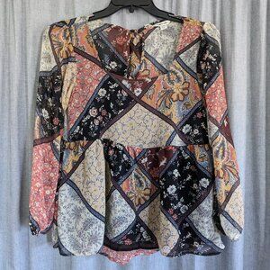 Boho Patch Print Blouse Womens S American Eagle Peasant Long Sleeve Sheer Floral